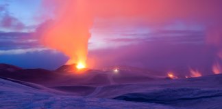 hot magma coming out of Eyjafjallajokull volcanoes in Iceland