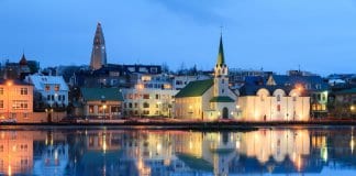Reykjavik skyline view from the lake