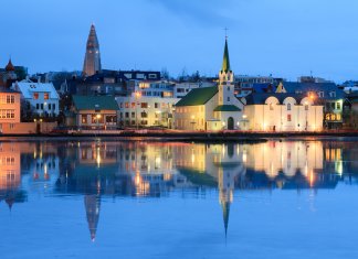 Reykjavik skyline view from the lake