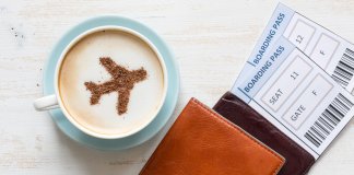 Coffee with plane outline and cheap plane tickets