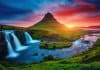 Kirkjufell volcano at sunset in Iceland with waterfall