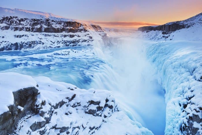 Semi-frozen Gullfoss waterfall in Iceland during January and February