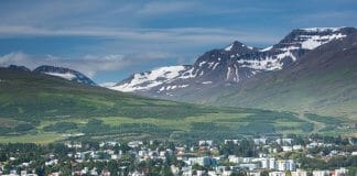 View of Akureyri and glacier from the bay