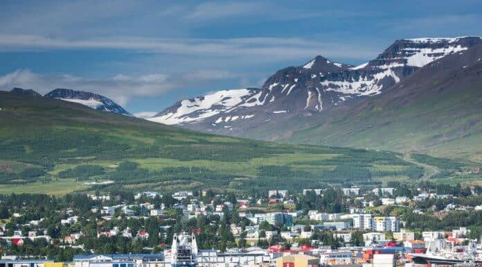 View of Akureyri and glacier from the bay