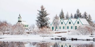 Typical Icelandic houses covered with snow in December