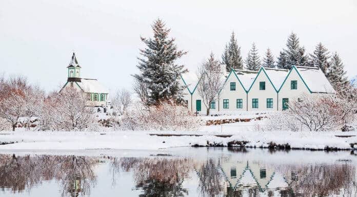 Typical Icelandic houses covered with snow in December