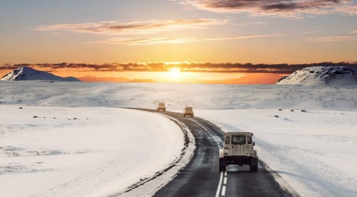 Driving in Iceland in winter on snowy roads