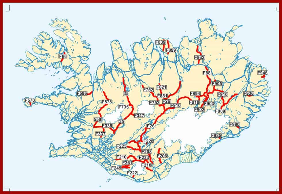 A map of Iceland's F-roads network of mountain roads