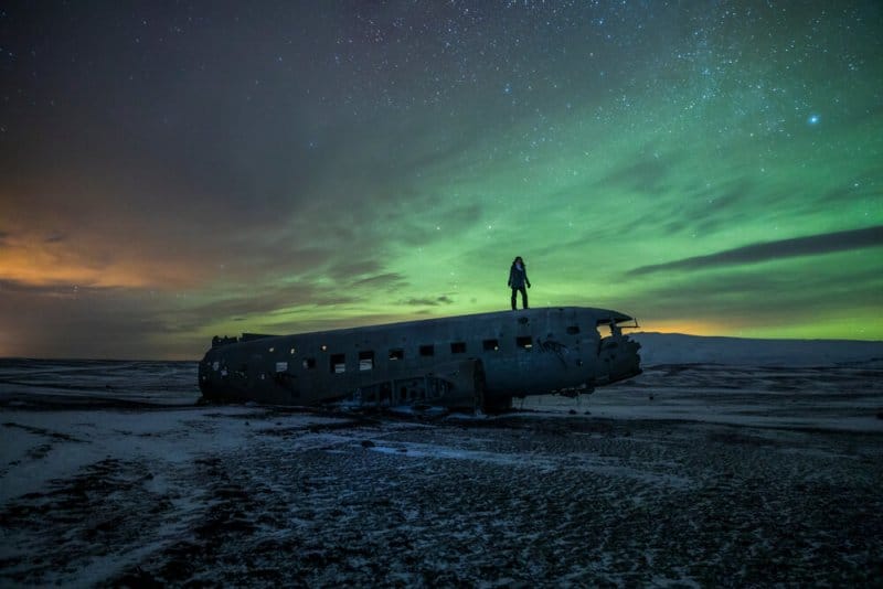 DC-3 plane wreck at Solheimasandur beach with the Northern Lights 