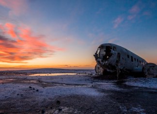 DC-3 plane wreck at Solheimasandur beach at the sun setting