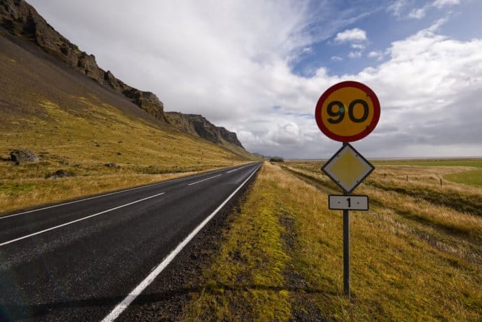 Speed sign of 90 km/h or 60 mph on Iceland's Ring Road
