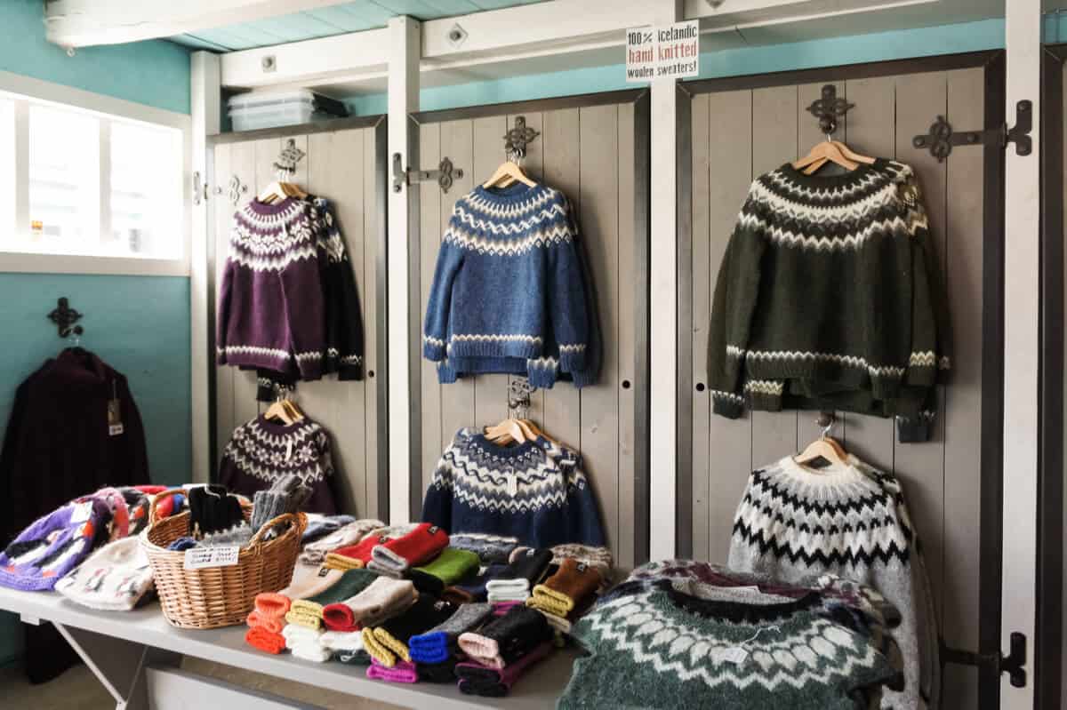 Traditional Icelandic lopapeysa wool sweaters in a shop