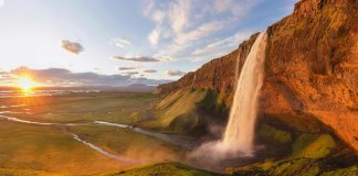 Seljalandsfoss valley and Midnight Sun