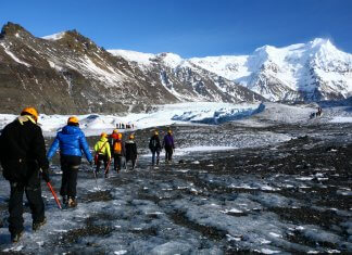Hiking Iceland’s Skaftafell Glacier Hikers on Iceland's Skaftafell glacier in Vatnajökull National Park