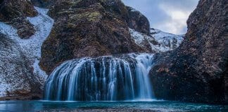 Bruarfoss with snow in Iceland in April
