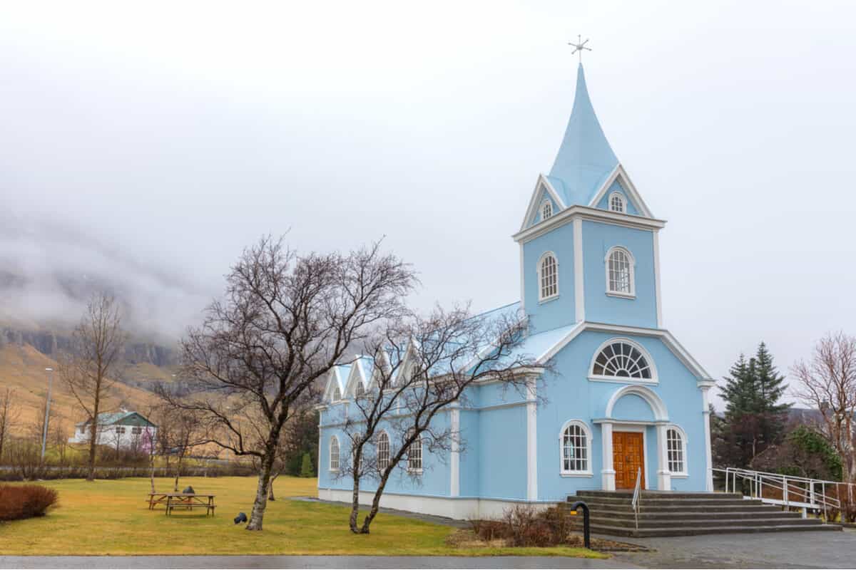 The blue church in Seydisfjordur in one of the prettiest churches in Iceland