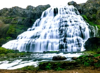 A close-up view of the massive Dynjandi Waterfall, showcasing the intricate tiers of cascading water as it tumbles over the rocks. The water appears to flow in sheets, creating a stunning display of Iceland’s raw natural power and beauty.